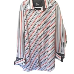 Mens Sz 3X Stripe Button Up Gray Contrast Cuffs Raw Blue Shirt